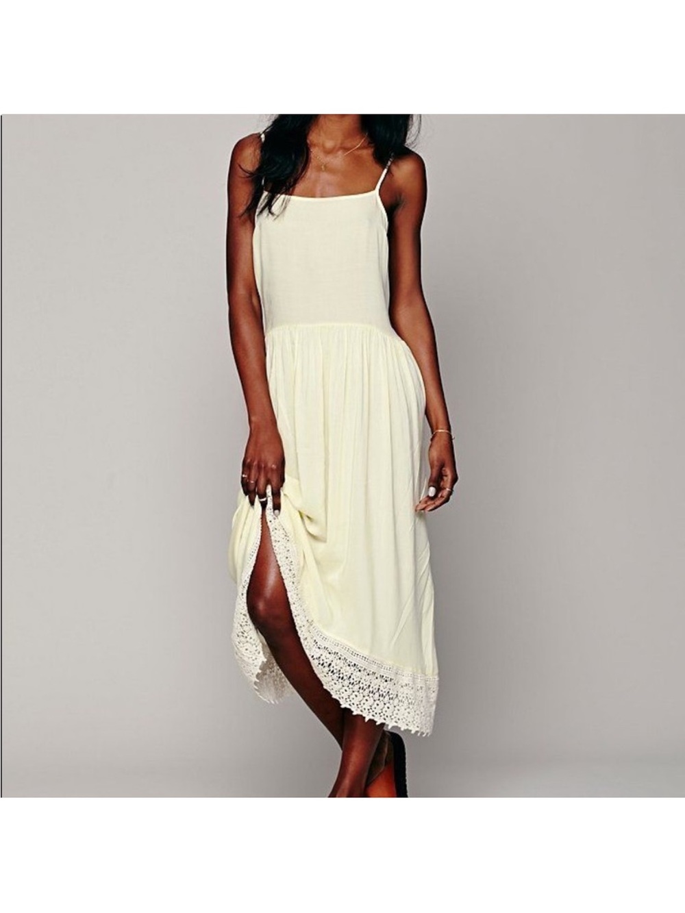 Free People easy breezy crochet Cream Spaghetti-Strap Midi Dress with Lace Trim